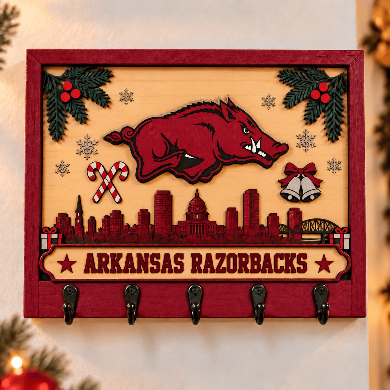 Arkansas Razorbacks Chirstmas Wooden Key Rack