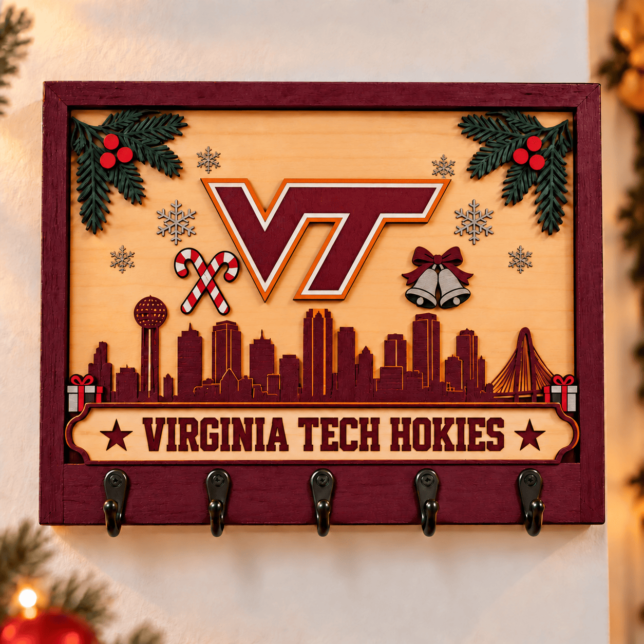 Virginia Tech Hokies Chirstmas Wooden Key Rack