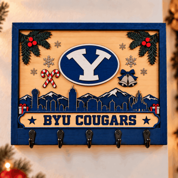 BYU Cougars Chirstmas Wooden Key Rack
