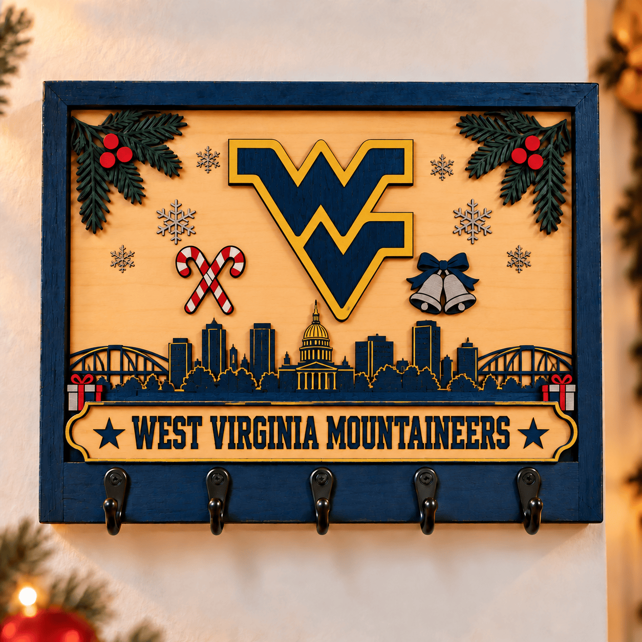 West Virginia Mountaineers Chirstmas Wooden Key Rack