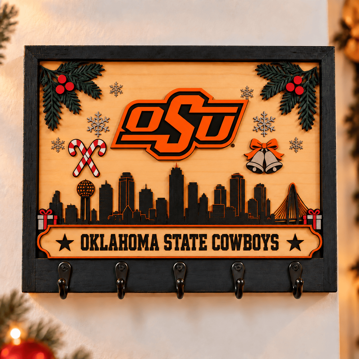 Oklahoma State Cowboys Chirstmas Wooden Key Rack