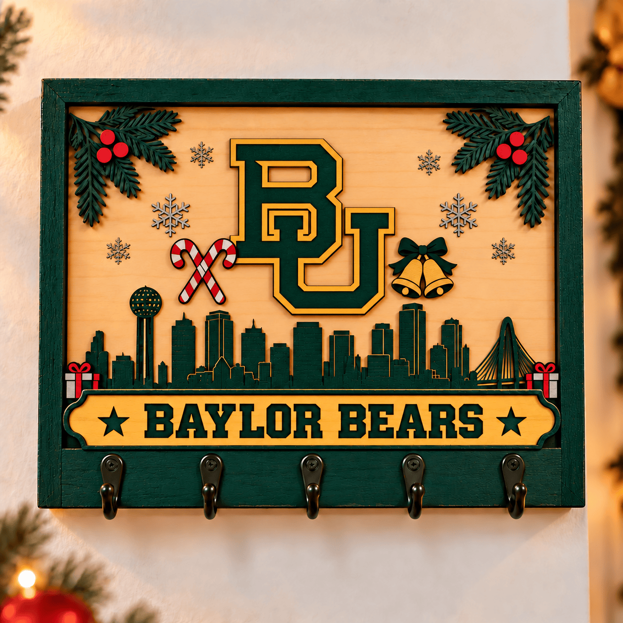 Baylor Bears Chirstmas Wooden Key Rack