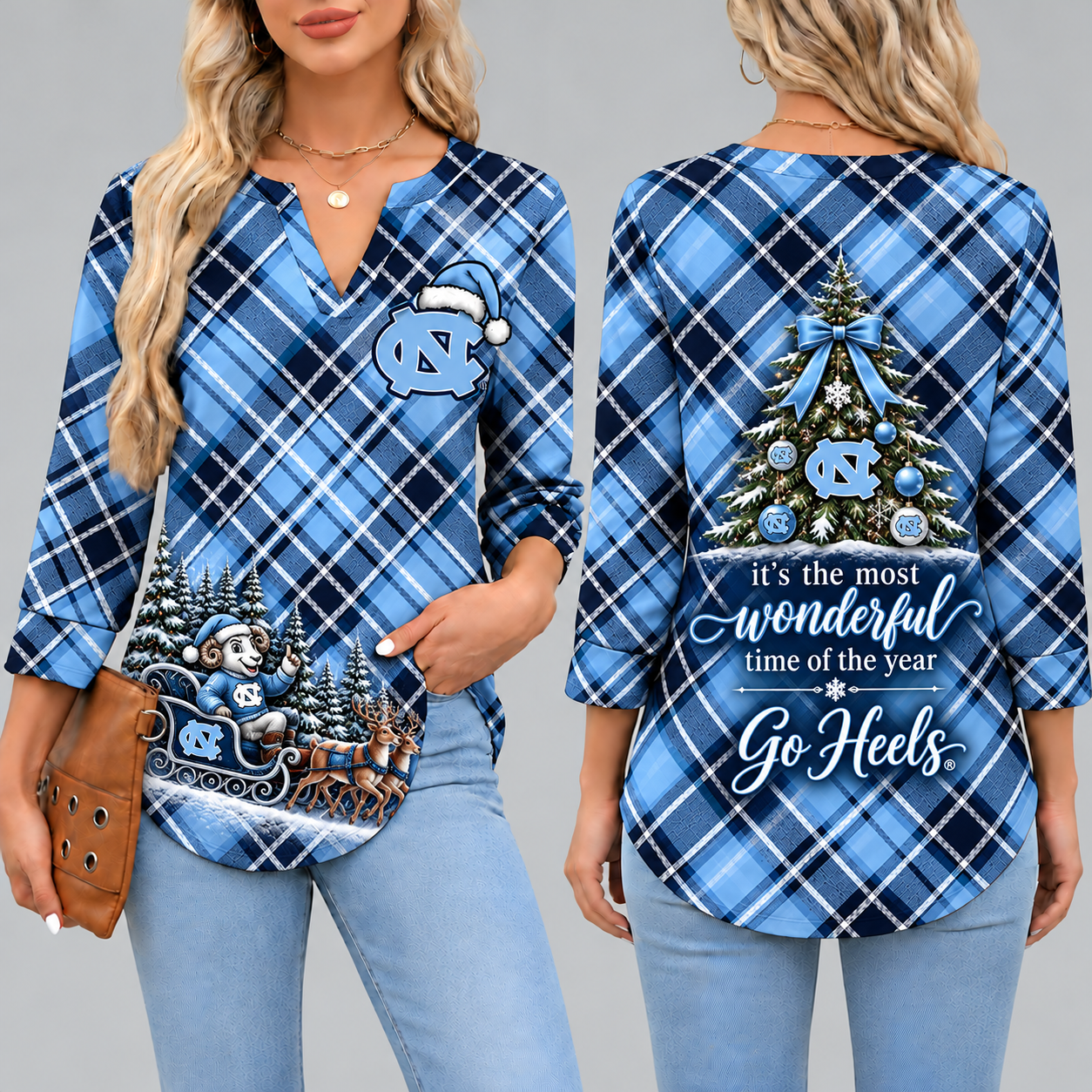 North Carolina Tar Heels Women's Christmas Plaid V-Neck Collar Long Sleeve Casual Shirt with Festive Holiday Print