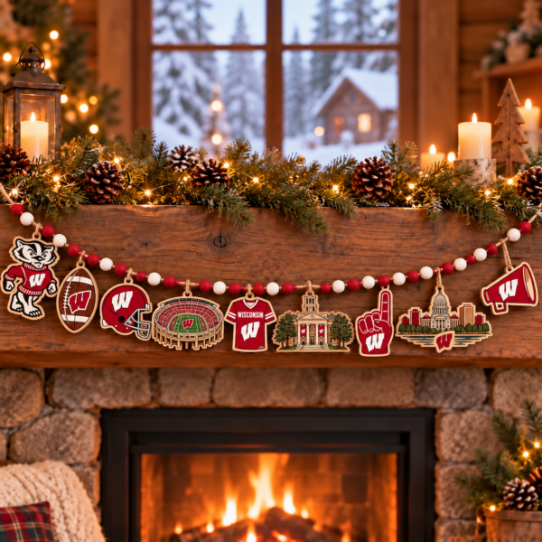 Wisconsin Badgers Wooden Christmas Garland – Football Team Holiday Hanging Decorations