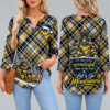West Virginia Mountaineers Women's Christmas Plaid V-Neck Collar Long Sleeve Casual Shirt with Festive Holiday Print