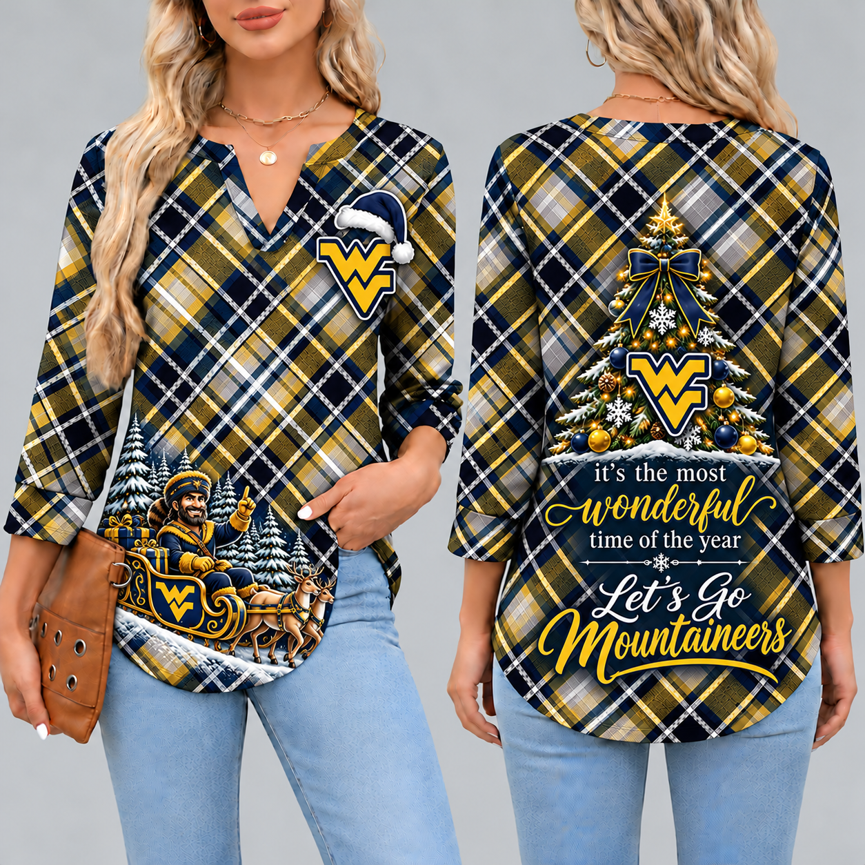 West Virginia Mountaineers Women's Christmas Plaid V-Neck Collar Long Sleeve Casual Shirt with Festive Holiday Print