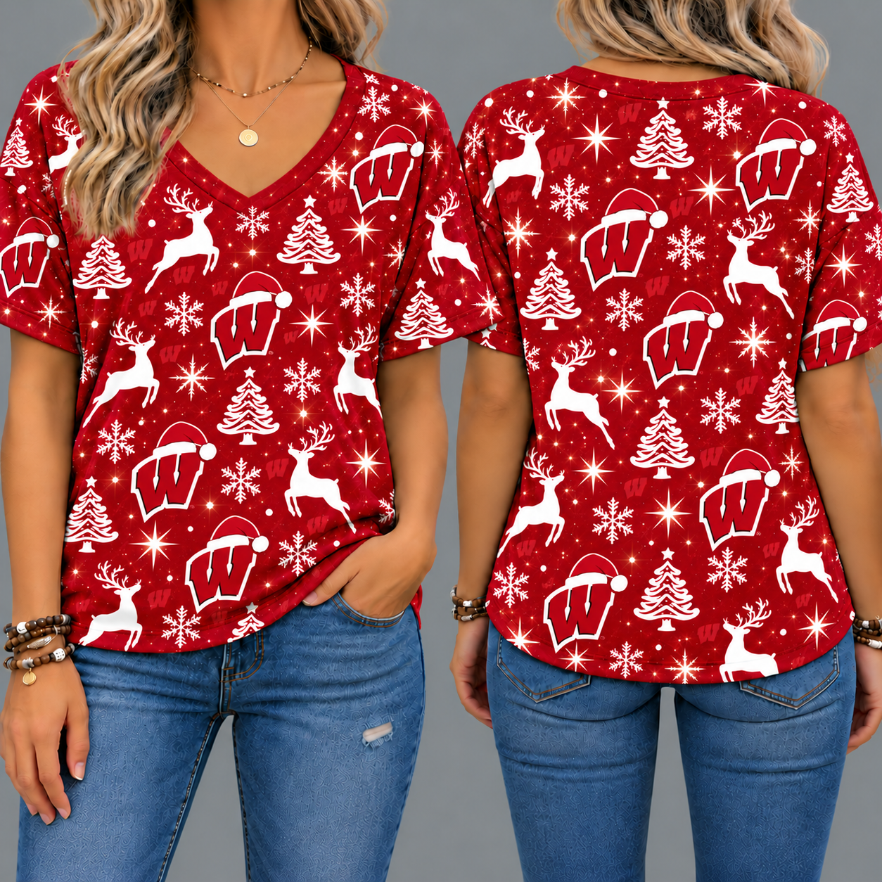 Wisconsin Badgers Women’s Christmas Reindeer Snowflake All-Over Print V-Neck Short Sleeve Shirt