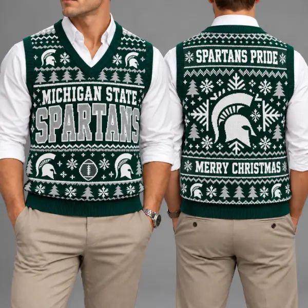Michigan State Spartans Christmas Argyle Football Fan V-Neck Sleeveless Knit Vest