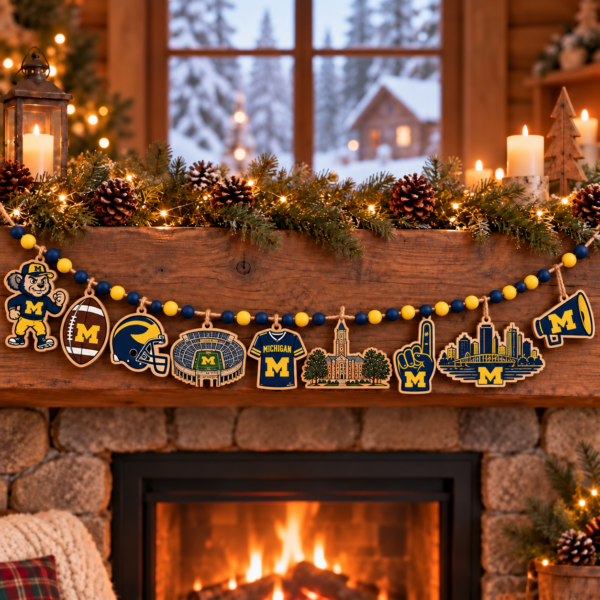 Michigan Wolverines Wooden Christmas Garland – Football Team Holiday Hanging Decorations
