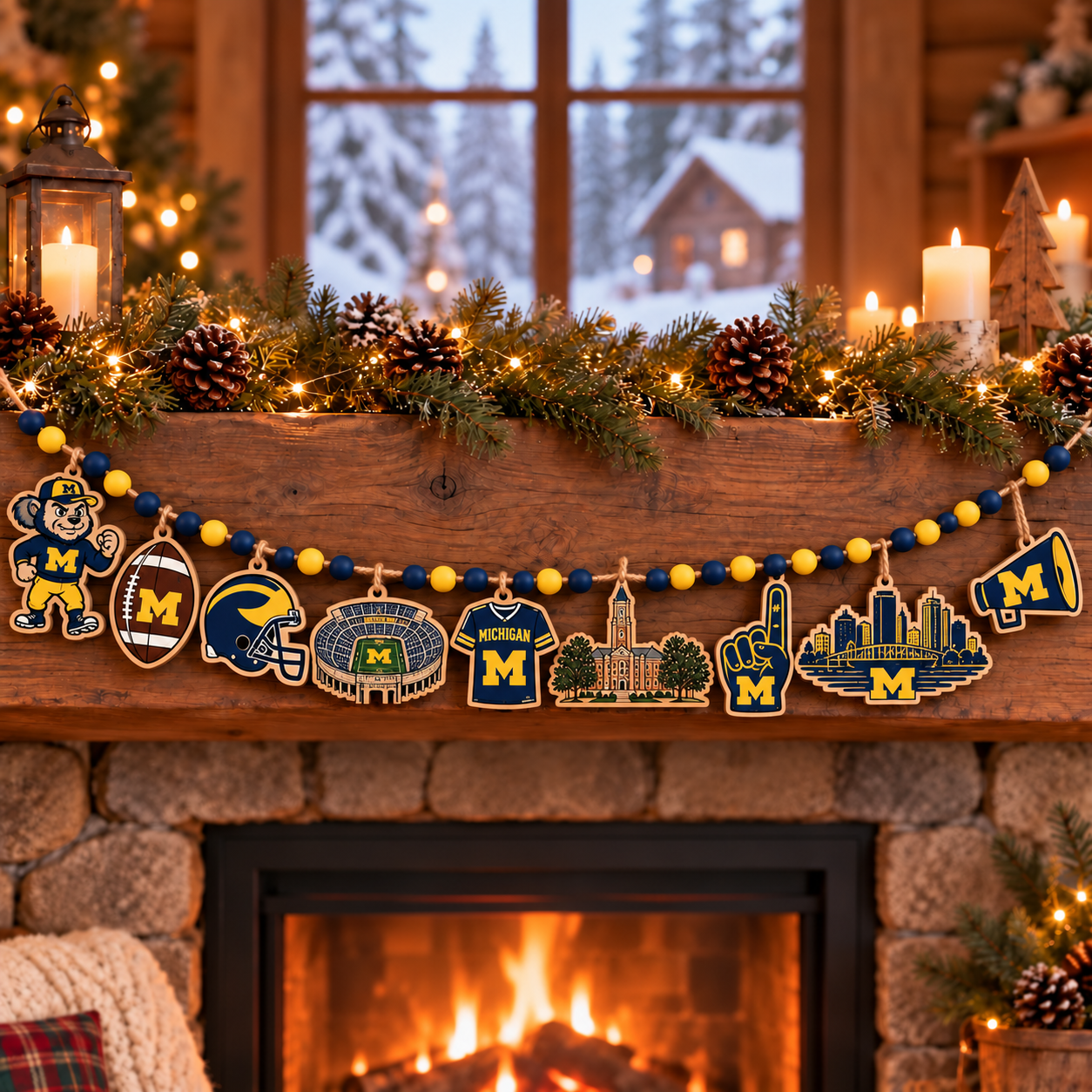 Michigan Wolverines Wooden Christmas Garland – Football Team Holiday Hanging Decorations