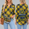 Michigan Wolverines Women's Christmas Plaid V-Neck Collar Long Sleeve Casual Shirt with Festive Holiday Print