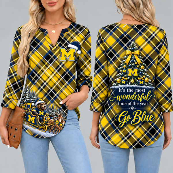 Michigan Wolverines Women's Christmas Plaid V-Neck Collar Long Sleeve Casual Shirt with Festive Holiday Print