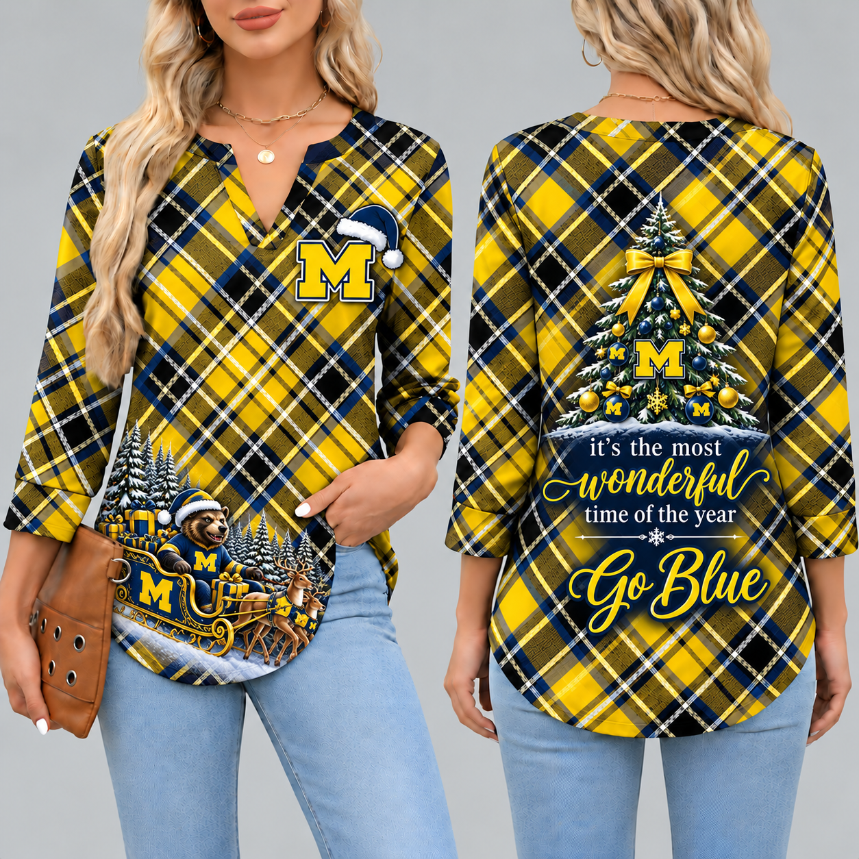 Michigan Wolverines Women's Christmas Plaid V-Neck Collar Long Sleeve Casual Shirt with Festive Holiday Print