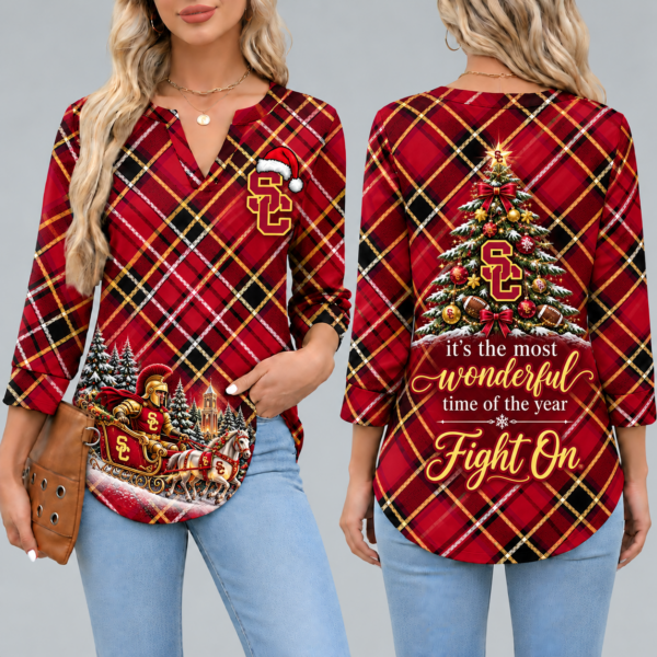USC Trojans Women's Christmas Plaid V-Neck Collar Long Sleeve Casual Shirt with Festive Holiday Print