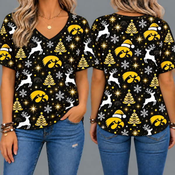 Iowa Hawkeyes Women’s Christmas Reindeer Snowflake All-Over Print V-Neck Short Sleeve Shirt