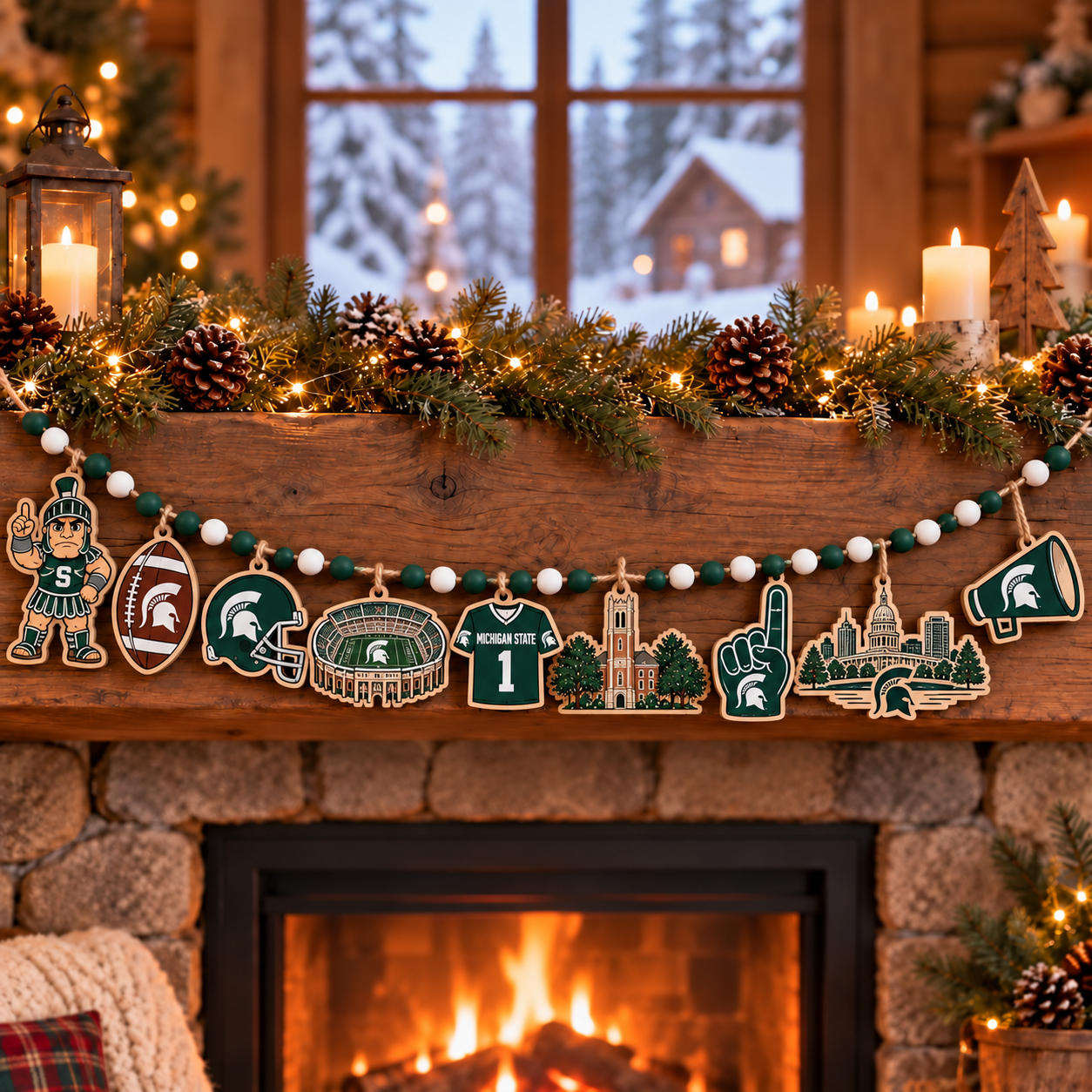 Michigan State Spartans Wooden Christmas Garland – Football Team Holiday Hanging Decorations