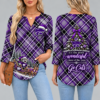 Kansas State Wildcats Women's Christmas Plaid V-Neck Collar Long Sleeve Casual Shirt with Festive Holiday Print