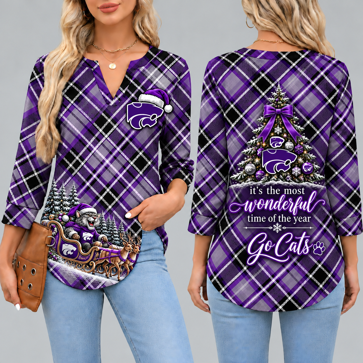 Kansas State Wildcats Women's Christmas Plaid V-Neck Collar Long Sleeve Casual Shirt with Festive Holiday Print