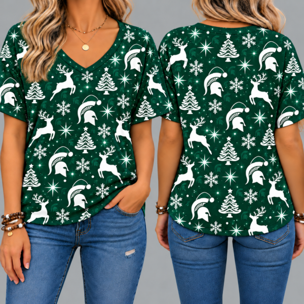 Michigan State Spartans Women’s Christmas Reindeer Snowflake All-Over Print V-Neck Short Sleeve Shirt
