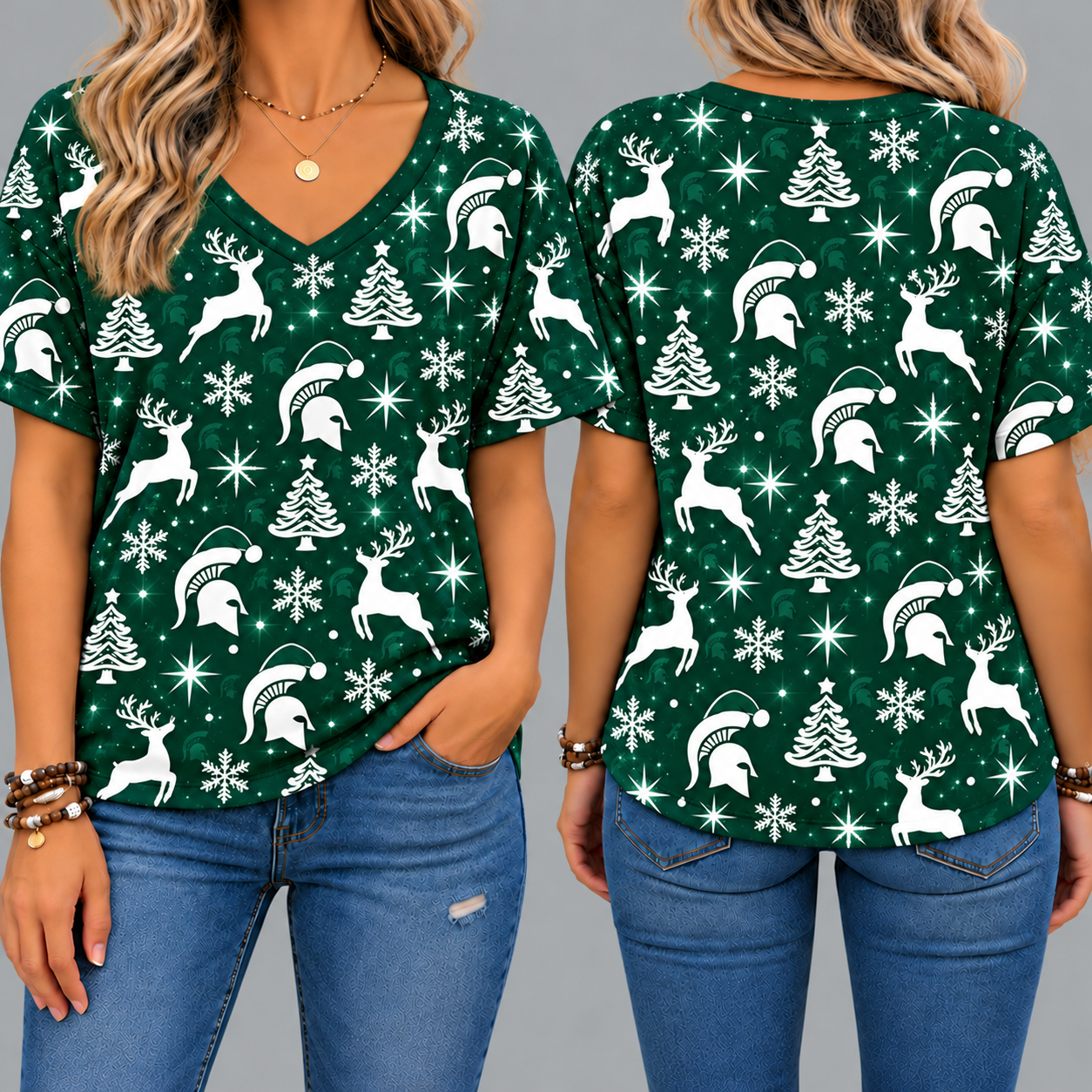 Michigan State Spartans Women’s Christmas Reindeer Snowflake All-Over Print V-Neck Short Sleeve Shirt