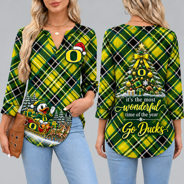 Oregon Ducks Women's Christmas Plaid V-Neck Collar Long Sleeve Casual Shirt with Festive Holiday Print