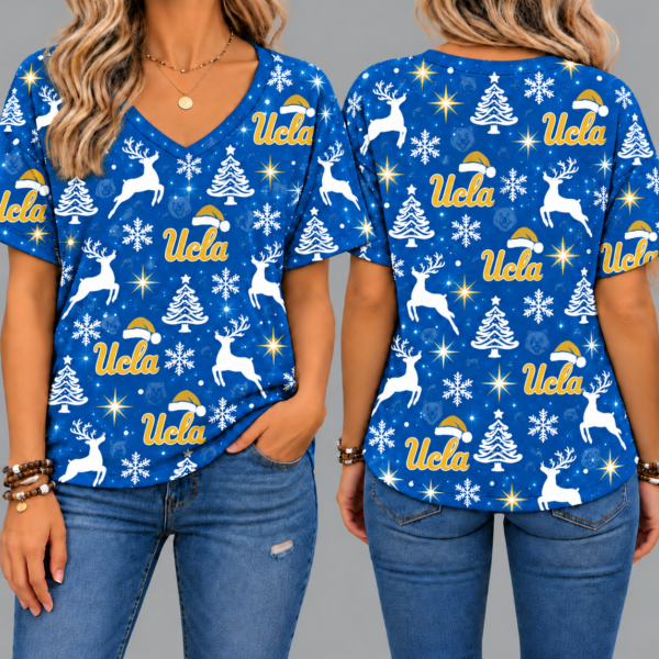 UCLA Bruins Women’s Christmas Reindeer Snowflake All-Over Print V-Neck Short Sleeve Shirt