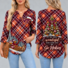 Virginia Tech Hokies Women's Christmas Plaid V-Neck Collar Long Sleeve Casual Shirt with Festive Holiday Print