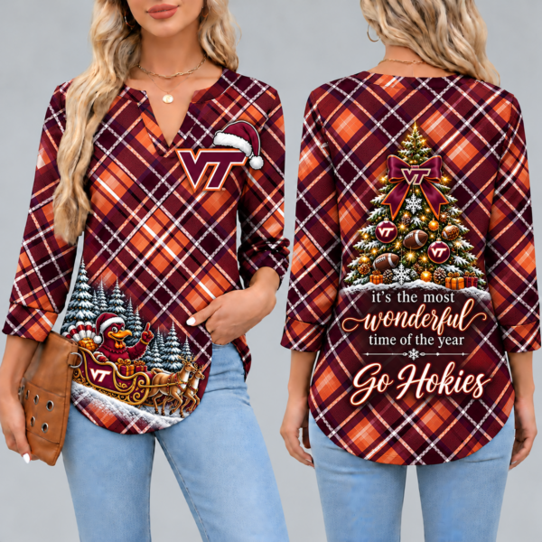 Virginia Tech Hokies Women's Christmas Plaid V-Neck Collar Long Sleeve Casual Shirt with Festive Holiday Print