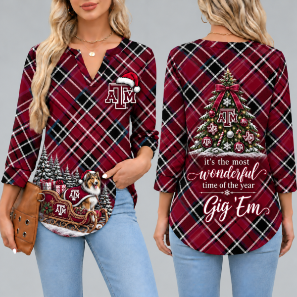 Texas A&M Aggies Women's Christmas Plaid V-Neck Collar Long Sleeve Casual Shirt with Festive Holiday Print