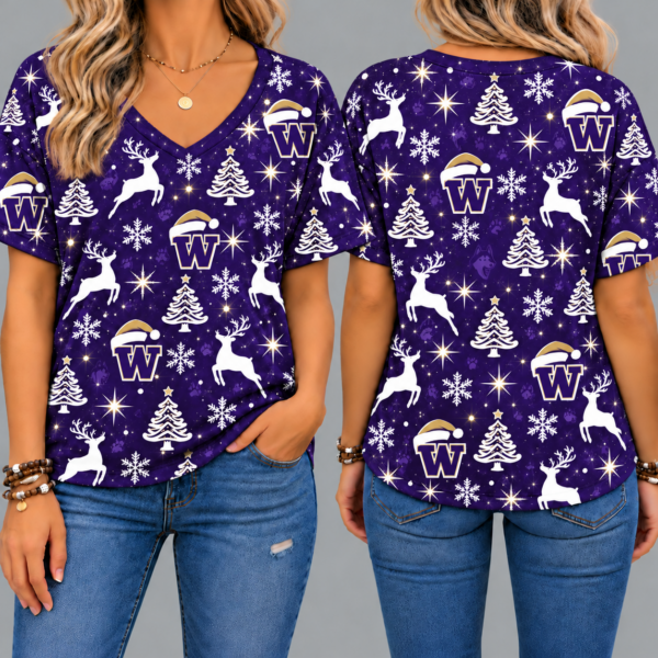 Washington Huskies Women’s Christmas Reindeer Snowflake All-Over Print V-Neck Short Sleeve Shirt