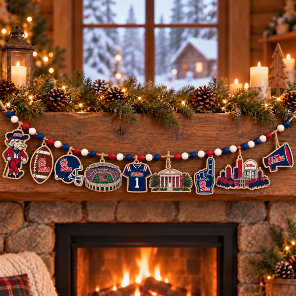 Ole Miss Rebels Wooden Christmas Garland – Football Team Holiday Hanging Decorations