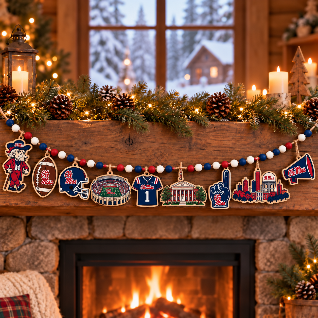 Ole Miss Rebels Wooden Christmas Garland – Football Team Holiday Hanging Decorations