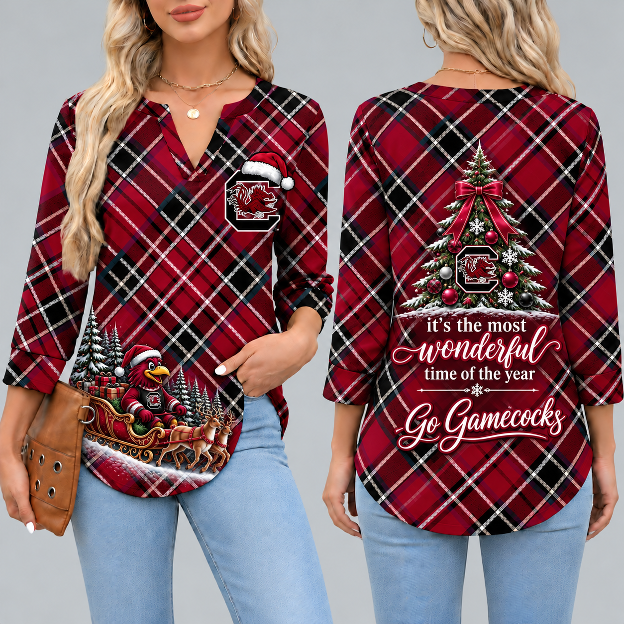 South Carolina Gamecocks Women's Christmas Plaid V-Neck Collar Long Sleeve Casual Shirt with Festive Holiday Print