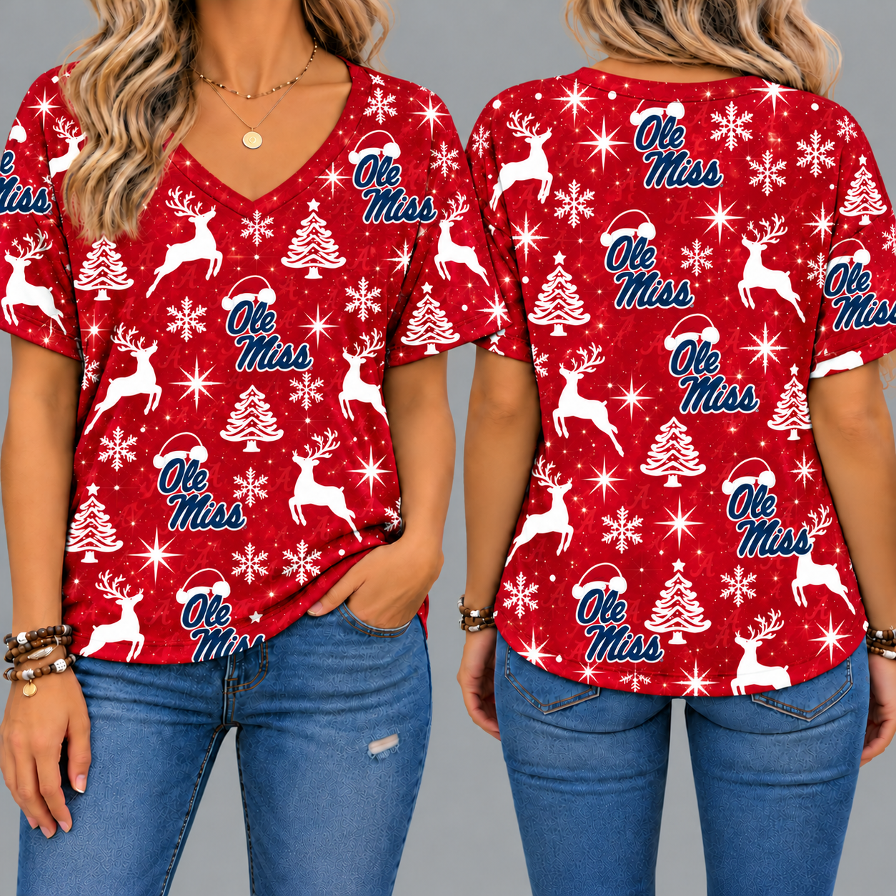 Ole Miss Rebels Women’s Christmas Reindeer Snowflake All-Over Print V-Neck Short Sleeve Shirt