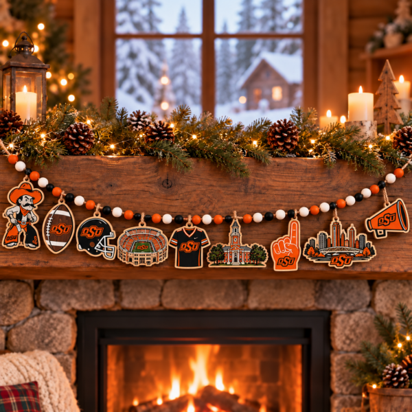 Oklahoma State Cowboys Wooden Christmas Garland – Football Team Holiday Hanging Decorations