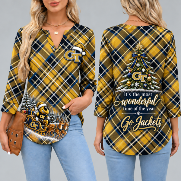 Georgia Tech Yellow Jackets Women's Christmas Plaid V-Neck Collar Long Sleeve Casual Shirt with Festive Holiday Print