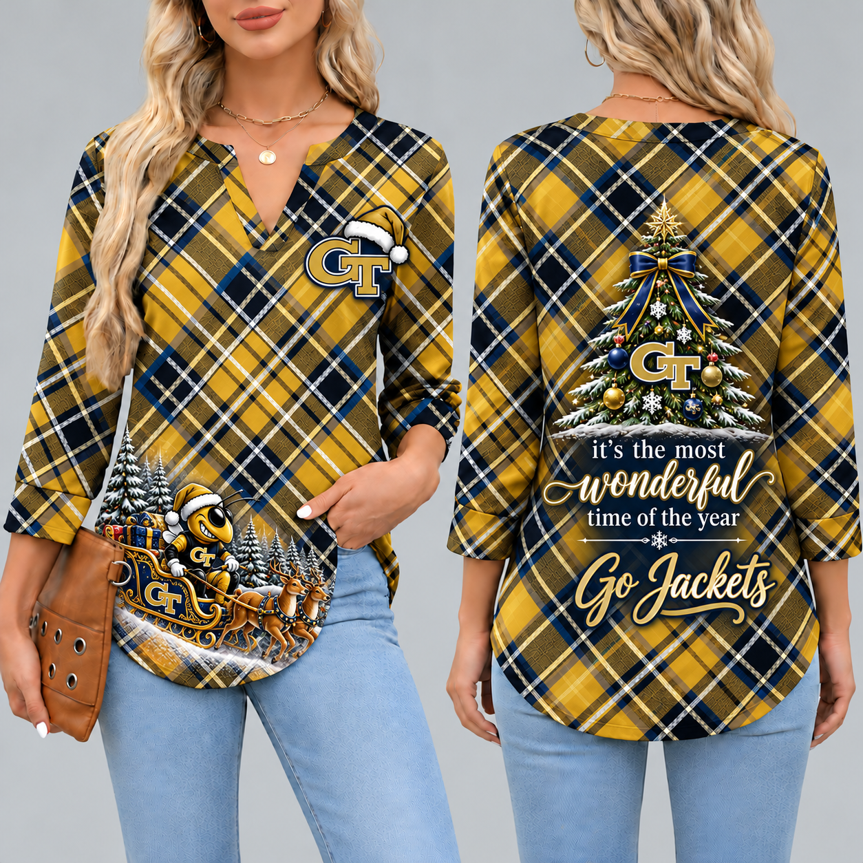 Georgia Tech Yellow Jackets Women's Christmas Plaid V-Neck Collar Long Sleeve Casual Shirt with Festive Holiday Print