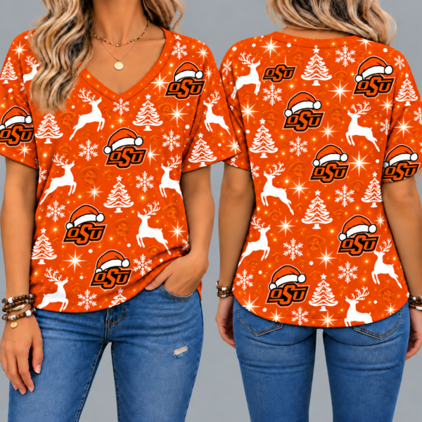 Oklahoma State Cowboys Women’s Christmas Reindeer Snowflake All-Over Print V-Neck Short Sleeve Shirt