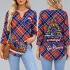 Boise State Broncos Women's Christmas Plaid V-Neck Collar Long Sleeve Casual Shirt with Festive Holiday Print