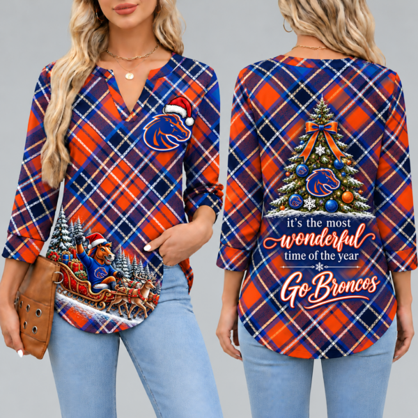 Boise State Broncos Women's Christmas Plaid V-Neck Collar Long Sleeve Casual Shirt with Festive Holiday Print