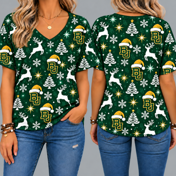 Baylor Bears Women’s Christmas Reindeer Snowflake All-Over Print V-Neck Short Sleeve Shirt
