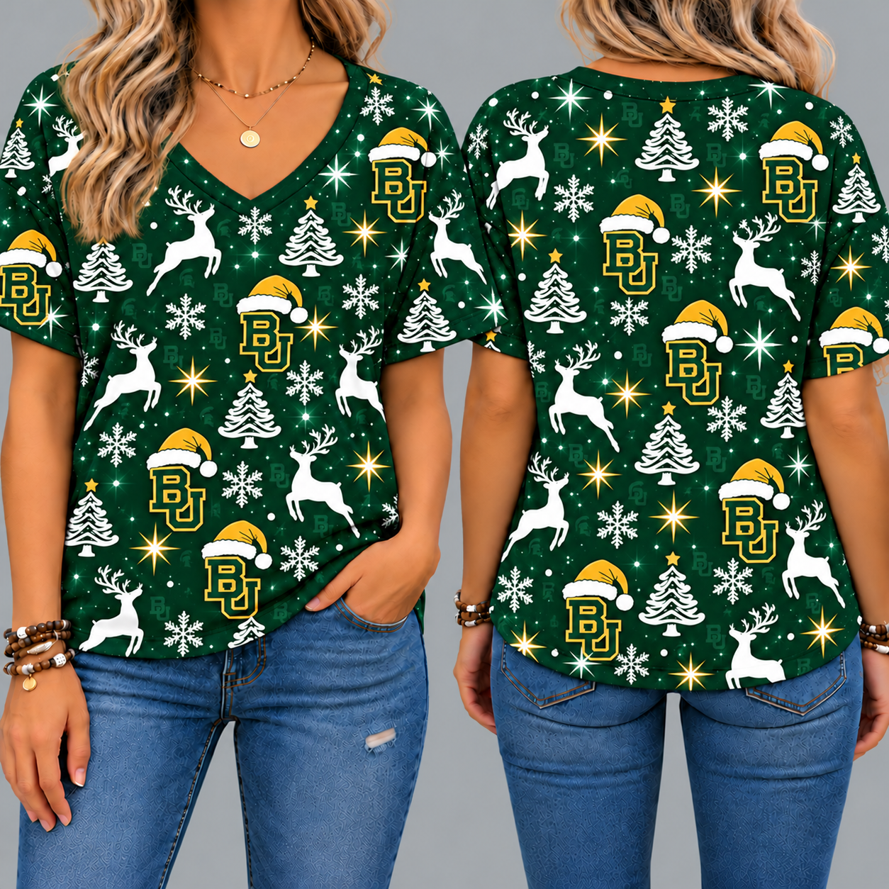 Baylor Bears Women’s Christmas Reindeer Snowflake All-Over Print V-Neck Short Sleeve Shirt