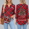Wisconsin Badgers Women's Christmas Plaid V-Neck Collar Long Sleeve Casual Shirt with Festive Holiday Print