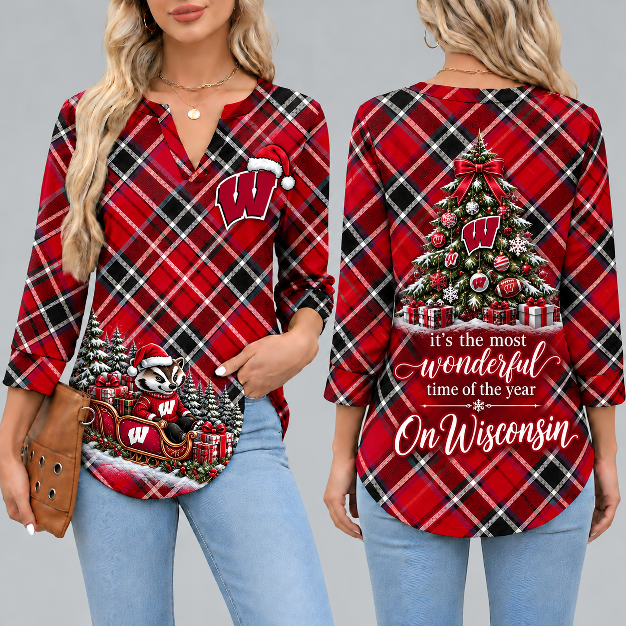 Wisconsin Badgers Women's Christmas Plaid V-Neck Collar Long Sleeve Casual Shirt with Festive Holiday Print