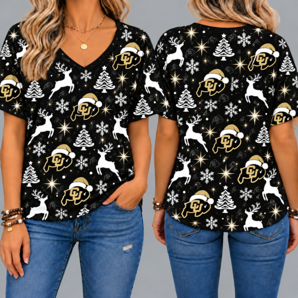 Colorado Buffaloes Women’s Christmas Reindeer Snowflake All-Over Print V-Neck Short Sleeve Shirt