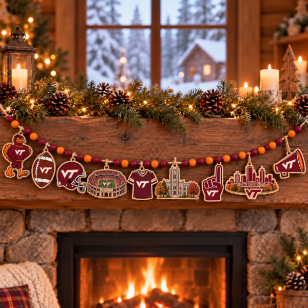 Virginia Tech Hokies Wooden Christmas Garland – Football Team Holiday Hanging Decorations