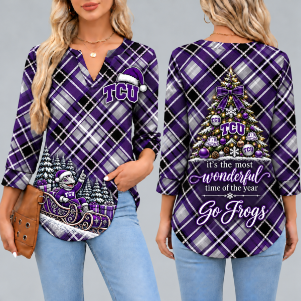 TCU Horned Frogs Women's Christmas Plaid V-Neck Collar Long Sleeve Casual Shirt with Festive Holiday Print