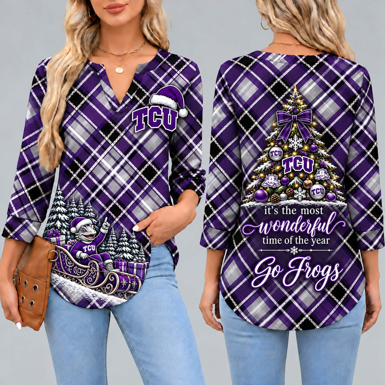 TCU Horned Frogs Women's Christmas Plaid V-Neck Collar Long Sleeve Casual Shirt with Festive Holiday Print