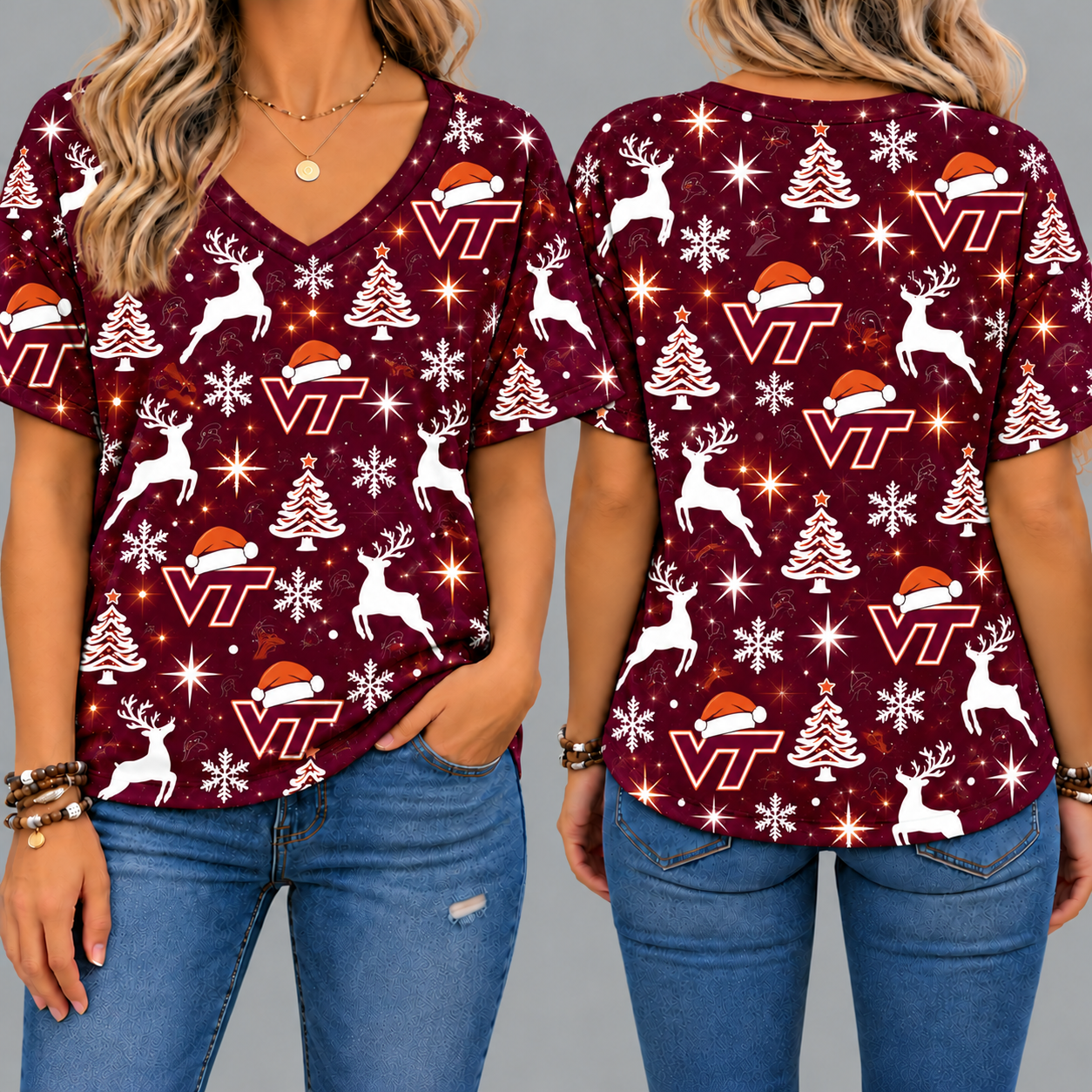 Virginia Tech Hokies Women’s Christmas Reindeer Snowflake All-Over Print V-Neck Short Sleeve Shirt