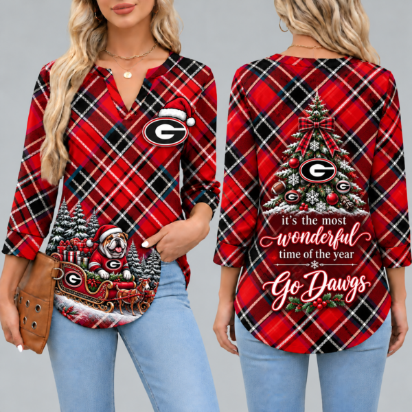 Georgia Bulldogs Women's Christmas Plaid V-Neck Collar Long Sleeve Casual Shirt with Festive Holiday Print